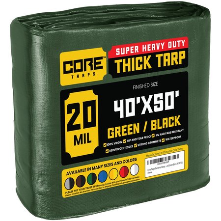 CORE TARPS 50 ft L x 0.5 mm H x 40 ft W Heavy Duty 20 Mil Tarp, Green/Black, Polyethylene CT-703-40X50